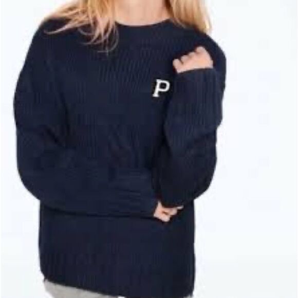 Victorias Secret Pink Crew Neck Oversized Boyfriend Sweater pullover Navy Medium - Picture 1 of 2